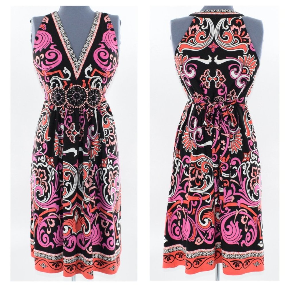 I C E  Abstract Midi Dress with Beaded Waist L EUC